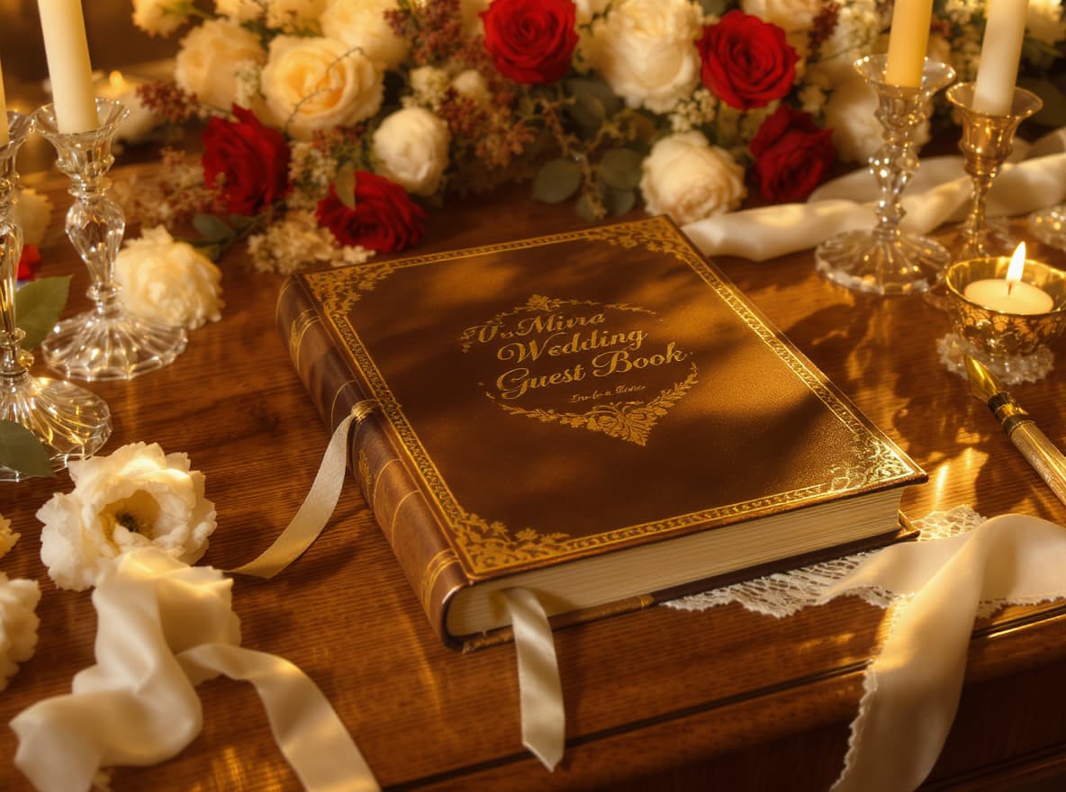 Libro de firmas digital con mensajes de invitados en mesa de boda