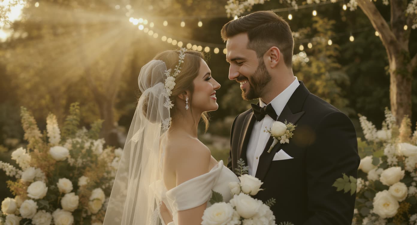 Pareja celebrando su boda en jardín con luces decorativas - bodas.com